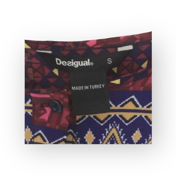 Desigual ๐ Mona Fucsias Boho Lace Sleeve Printed Button Down Shirt ๐ Blue Pink - Picture 7 of 16